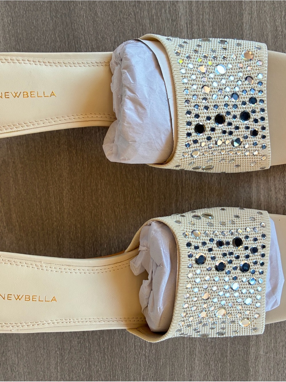 NEWBELLA Cream Rhinestone Embellished Slide Sandals